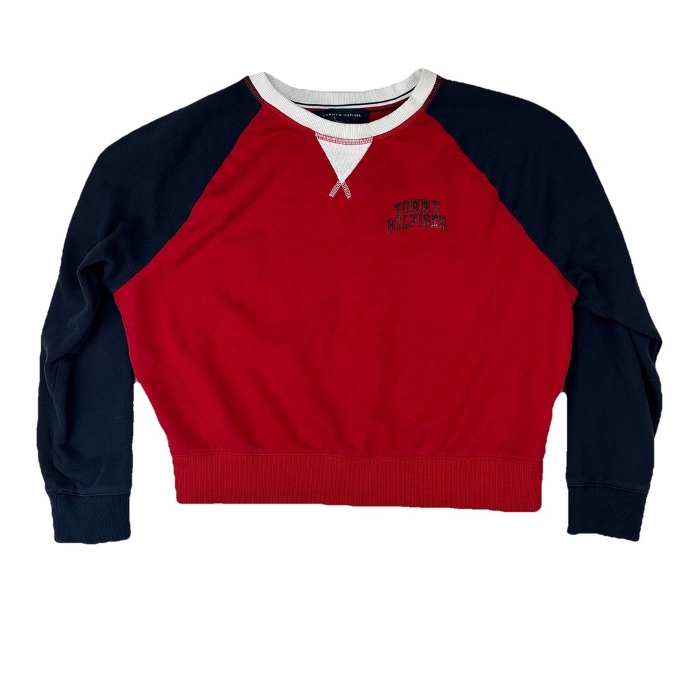 Tommy Hilfiger Women's Red White Blue V-Stitch Sweatshirt Y2K Retro‎ Preppy L